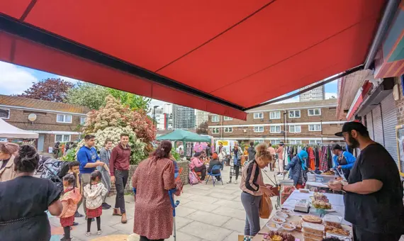 Community wealth building at The Carpenters Estate, Carpenters Market, Stratford, Newham. 