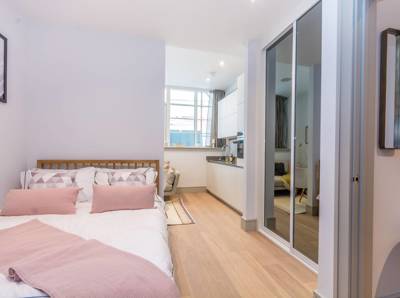 Cheviot House, Whitechapel, London E1, interior, comfortable bedroom space, studio living