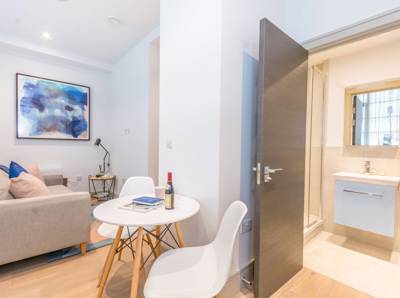 Cheviot House, Whitechapel, London E1, interior, light and spacious studio living including bathroom