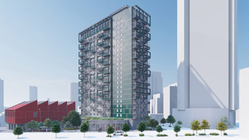 A CGI of the future James Riley Point, complete with upgraded balconies, green roofs, additional trees